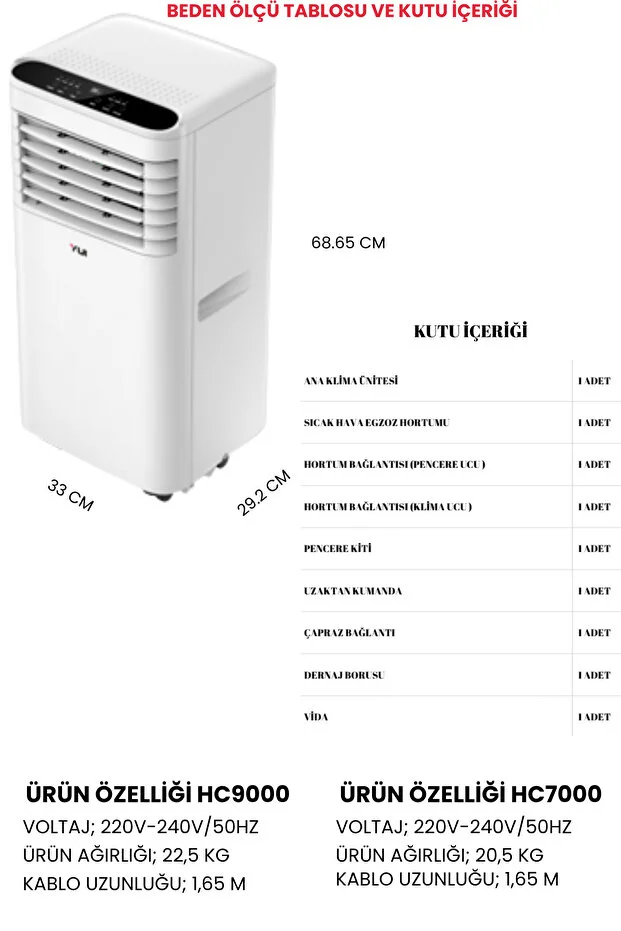 Yui HC9000 7848 BTU Isıtma & 9000 BTU Soğutmalı Portatif Klima (Uzaktan Kumandalı)